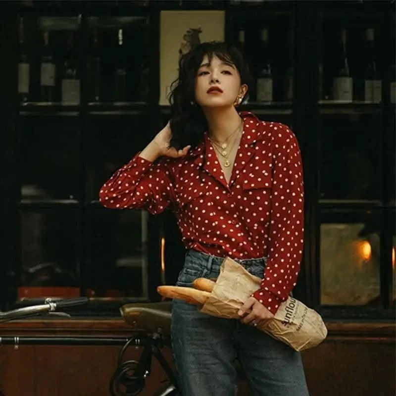 Top V-neck Red Polka Dot Shirt for Women