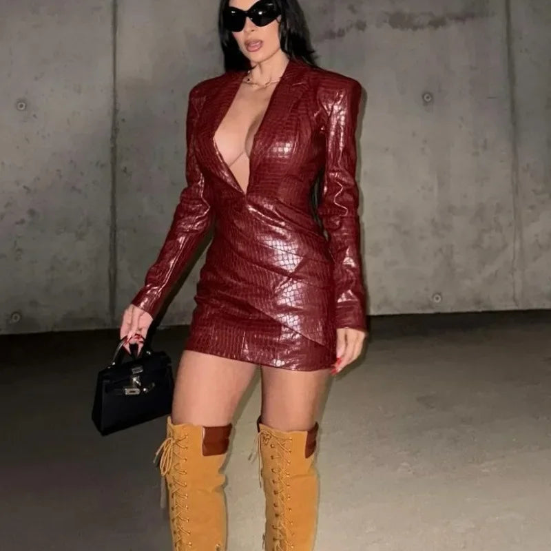 Sexy Pu Leather Women Maxi Dresses Fashion Sleeveless Backless Pleated Hip Package Female Robe Chic Ladies Party Evening Dress