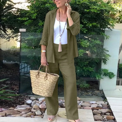 Cotton Linen Sets Womens Outifits Mathing Grey Long Sleeve Lapel Shirt Blouse Casual Long Pant Two Piece Tracksuit Suits