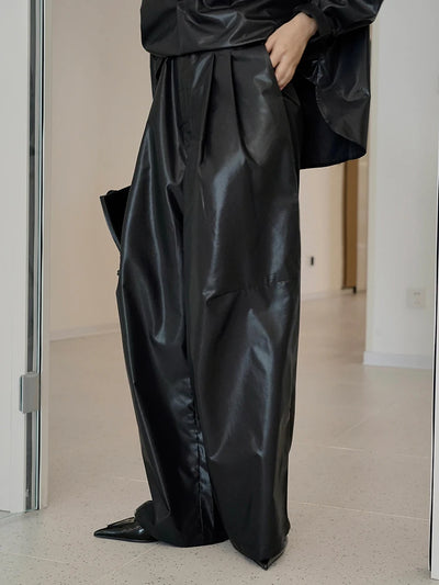 High Waist Black Glossy Casual Long Wide Leg Pants New Loose Fit Trousers Women Fashion Tide Spring Autumn 2025