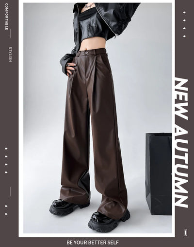 Women's Wide Leg Pants PU Straight Pants Autumn New Fashion Pantalones Mujer Solid Black Brown Leather Pants Women Streetwear