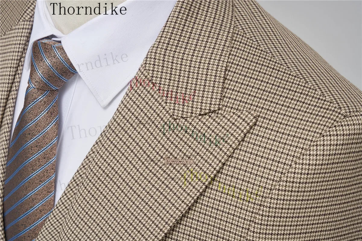 Thorndike Hot Sell Khaki Plaid Custom Made Classic Groom Tuxedo Groomsmen Best Man Suit Wedding Men's Blazer+Vest+Pants Costume