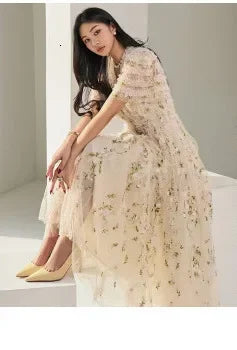 Women Maxi Chiffon Dress Summer Bohemian Rabbits Flower Porcelain Print Clothing Floor Length Flare Sleeve Long Vestidos