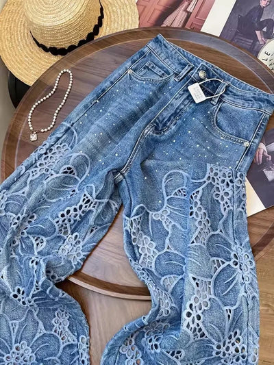 Summer Women Lace Floral Embroidery Wide Leg Denim Pants Spliced Loose Fit High Waist Hollow Out Jeans Streetwear Long Trousers