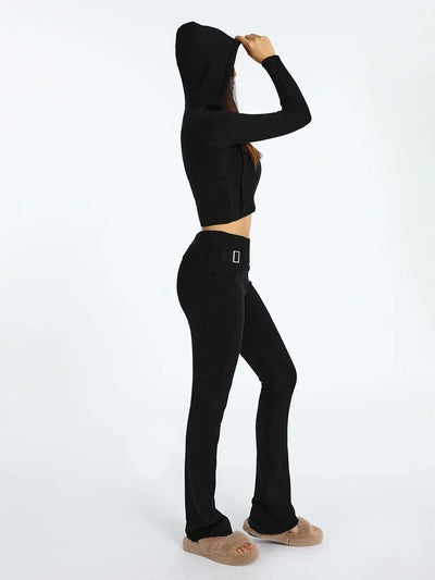 Women Tracksuit  Knit Lounge Set Long Sleeve Zip Up Hoodie with High Waist Wide Leg Pant 2 Piece Sweater Ensemble Casual Set