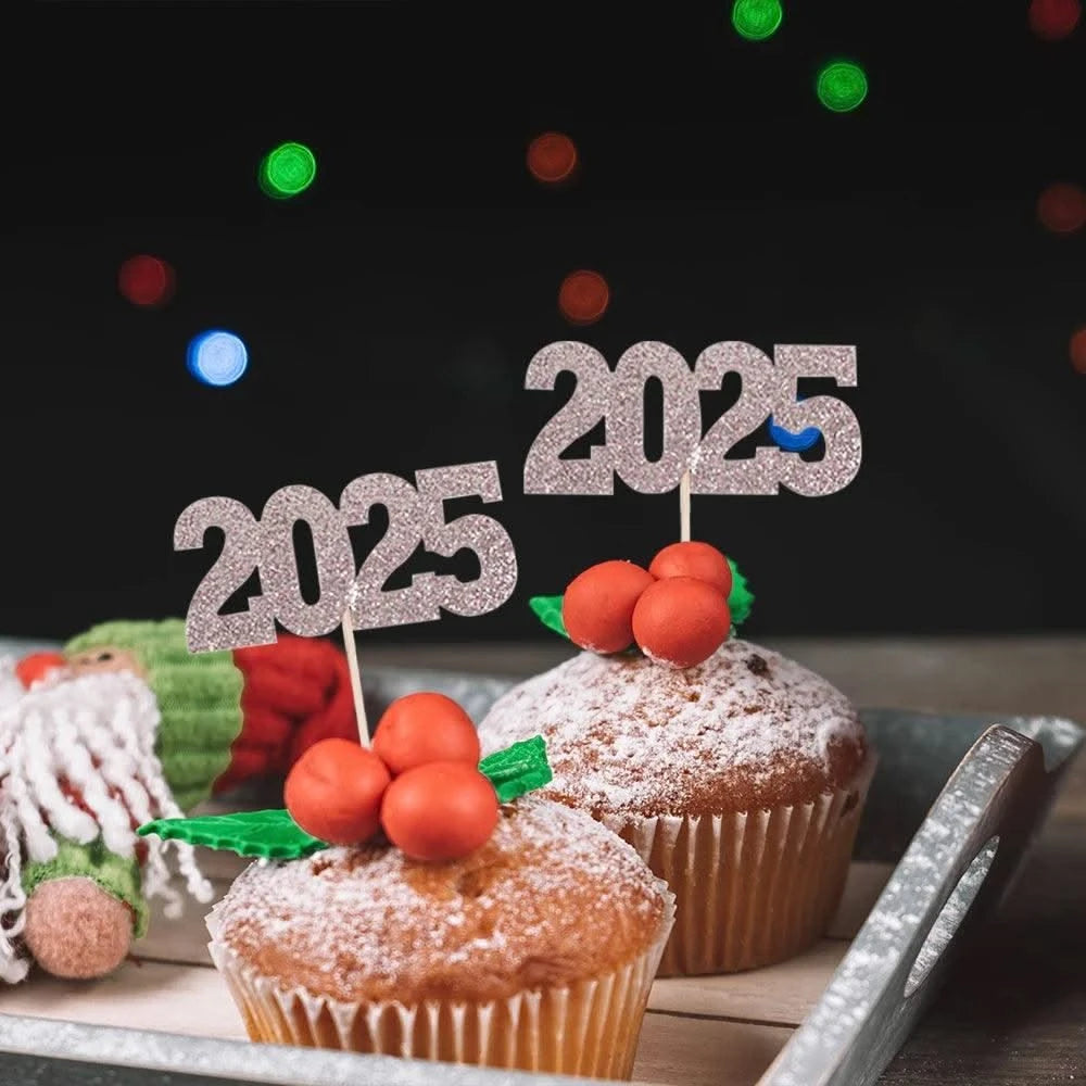 12pc Glitter 2025 Number Cupcake Toppers Happy New Year Party Cake Decoration Christmas Graduation Party Cake Toppers Home Items