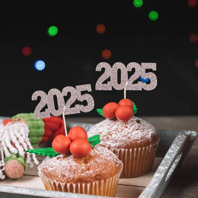 12pc Glitter 2025 Number Cupcake Toppers Happy New Year Party Cake Decoration Christmas Graduation Party Cake Toppers Home Items