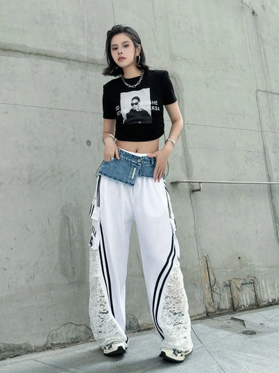 Wide Leg Pants Women Floor Length Patchwork Lace Denim Stripe Print High Waist Multiple Pockets 2025 Streetwear Cargo Trousers