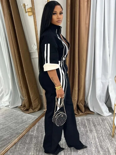 Women Jumpsuits For Spring 3/4 Sleeve Print Stripe Loose Fashion Streetwear Overalls Wide Leg Pants Trousers 2025 Summer