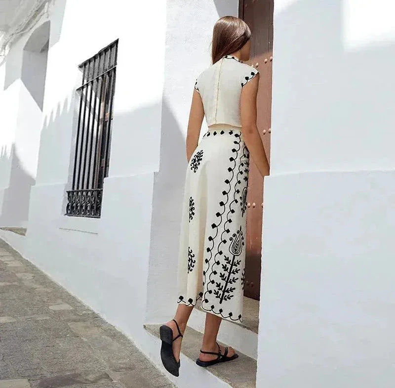 Cotton Linen Print Top Skirt Two Piece Set Women Shoulder Padded Sleeveless Crop Top Lace Up Skirt Suit Lady Summer Beach Outfit