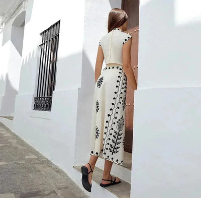 Cotton Linen Print Top Skirt Two Piece Set Women Shoulder Padded Sleeveless Crop Top Lace Up Skirt Suit Lady Summer Beach Outfit