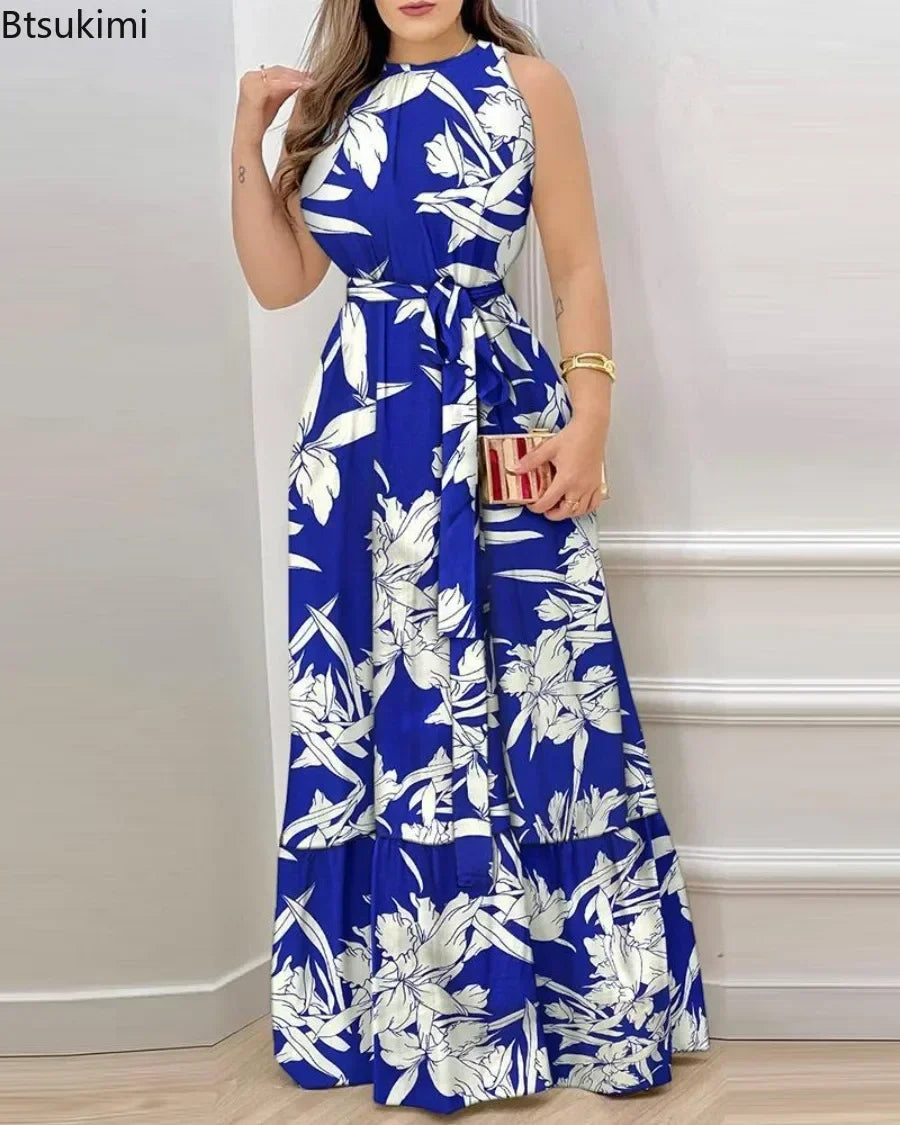 2025 Women's Elegant Floral Print Long Dresses Spring Summer Lace up Print Strap Dress Holiday Beach Female Robe Vesido Mujer