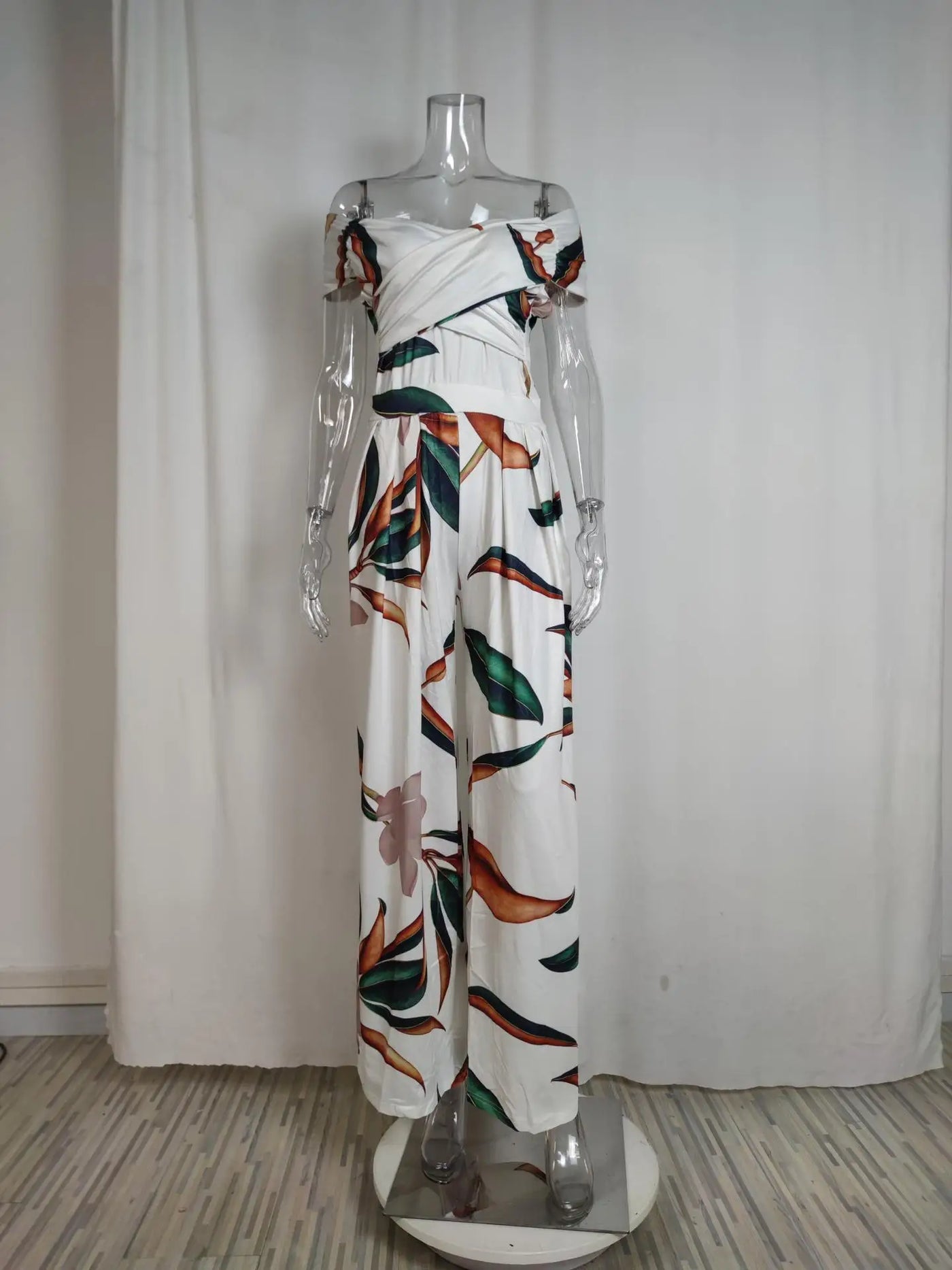 Women's Fashion Printed Casual High Waist Jumpsuit Ladies Sexy Off Shoulder Flower Short Sleeve Wide Leg Jumpsuit Woman Rompers