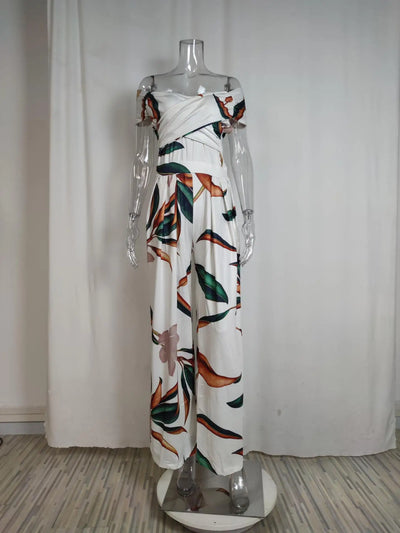 Women's Fashion Printed Casual High Waist Jumpsuit Ladies Sexy Off Shoulder Flower Short Sleeve Wide Leg Jumpsuit Woman Rompers