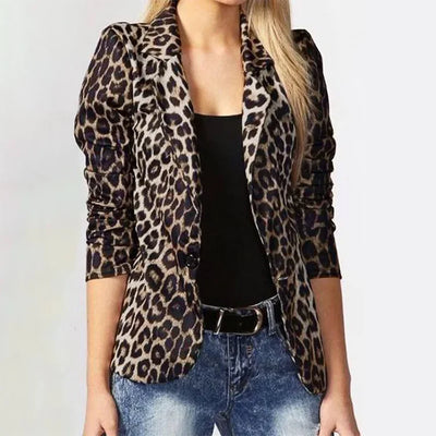 Women Casual Leopard Print Cardigan Jacket Coat Button Outwear Thin Blouses V-Neck Slim Polyester Spandex Women's Blazer