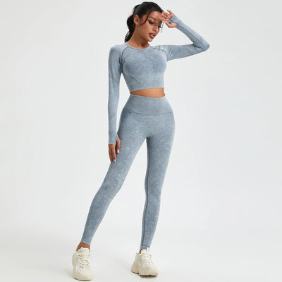 Women's Long Sleeves Round Neck Wash Exercise Activewear Sport Tops Skinny Stretch Activewear Running Wear