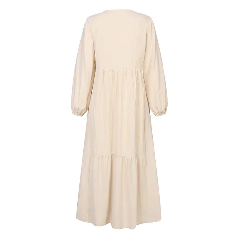 Vintage Cotton Linen Long Sleeve Dress Women Casual Autumn Maxi Robe V Neck Tiered Loose Vestido