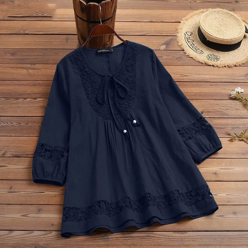 Fashion Women's Solid Lace Top Cotton Linen Casual Top Woman New Summer Blouse Three-Quarter Sleeve Loose Shirt & Blouse Women