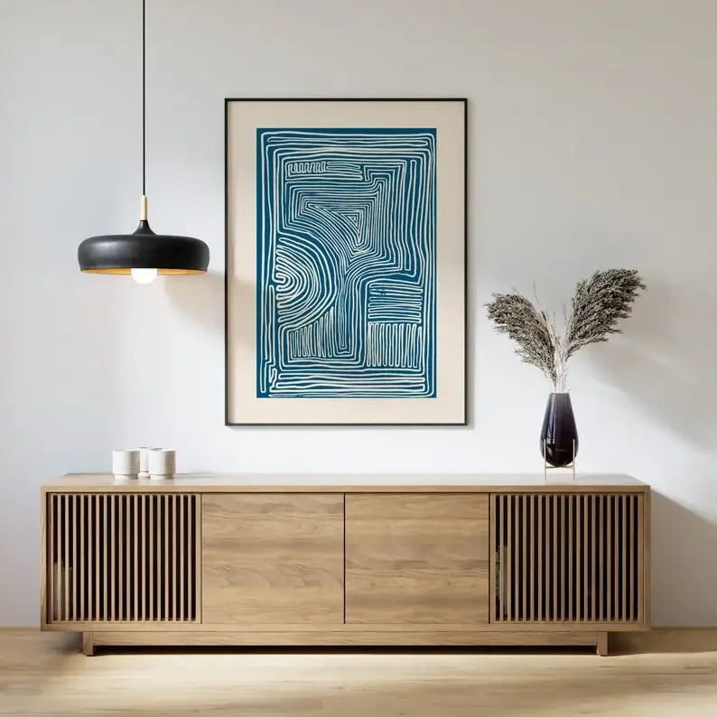Minimalistic Wall Decor - Line Art Print - Blue Wall Art Prints - Mid Century Modern Wall Art - Neutral Abstract canvas Poste
