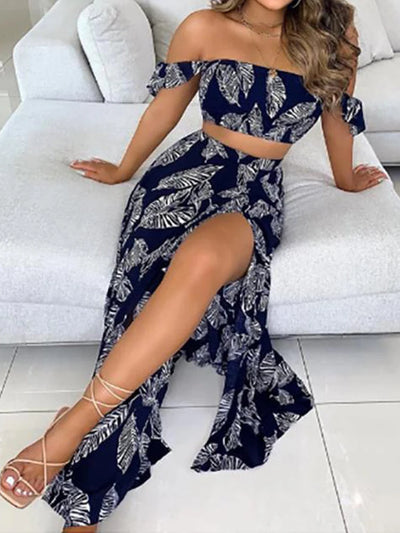 Summer Fashion Sets For Women 2 Pieces Solid Pleated Tops & Floral Print High Waist Midi Skirt Female Chic Lady Long Skirts Set