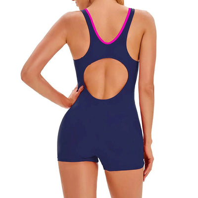 Women's Sport Swimsuit Sleeveless Conservative One-piece Sexy Backless Wetsuit With Chest Pad Color Matching Boxer Swimming Suit