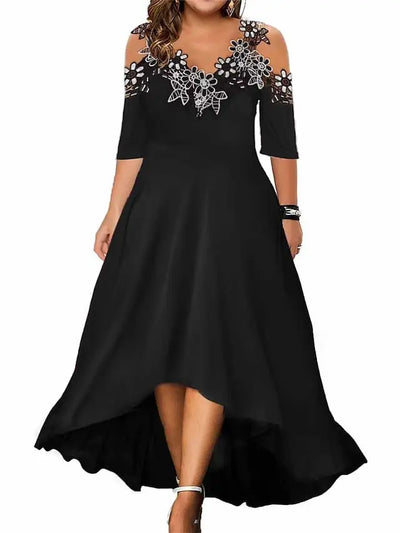 Summer Plus Size Dresses For Women New Casual Patchwork Flower Print Long Sleeve Dress Retro Elegant Female Dresses