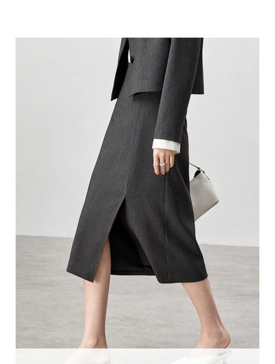 SENTUBILA Two Piece Skirt Sets Women Outfits 2025 Spring Office Ladies V Neck Grey Blazer Jackets Straight Slit Skirt 143Z56241