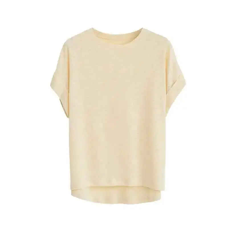 Summer Women Cotton Linen T-shirt Round Neck Thin Short-sleeved Transparent Loose Bottoming T-shirts Tops