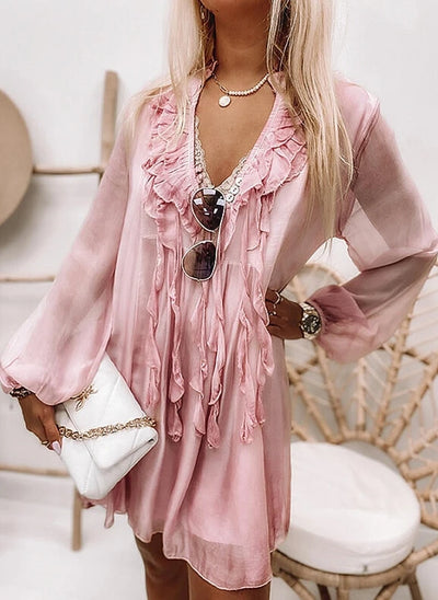 Summer Beach Dresses for Women Chiffon Ruffles Tassel Tie Up Lantern Sleeve Sexy V-Neck Loose Fit Holiday Party Dres Vestidos