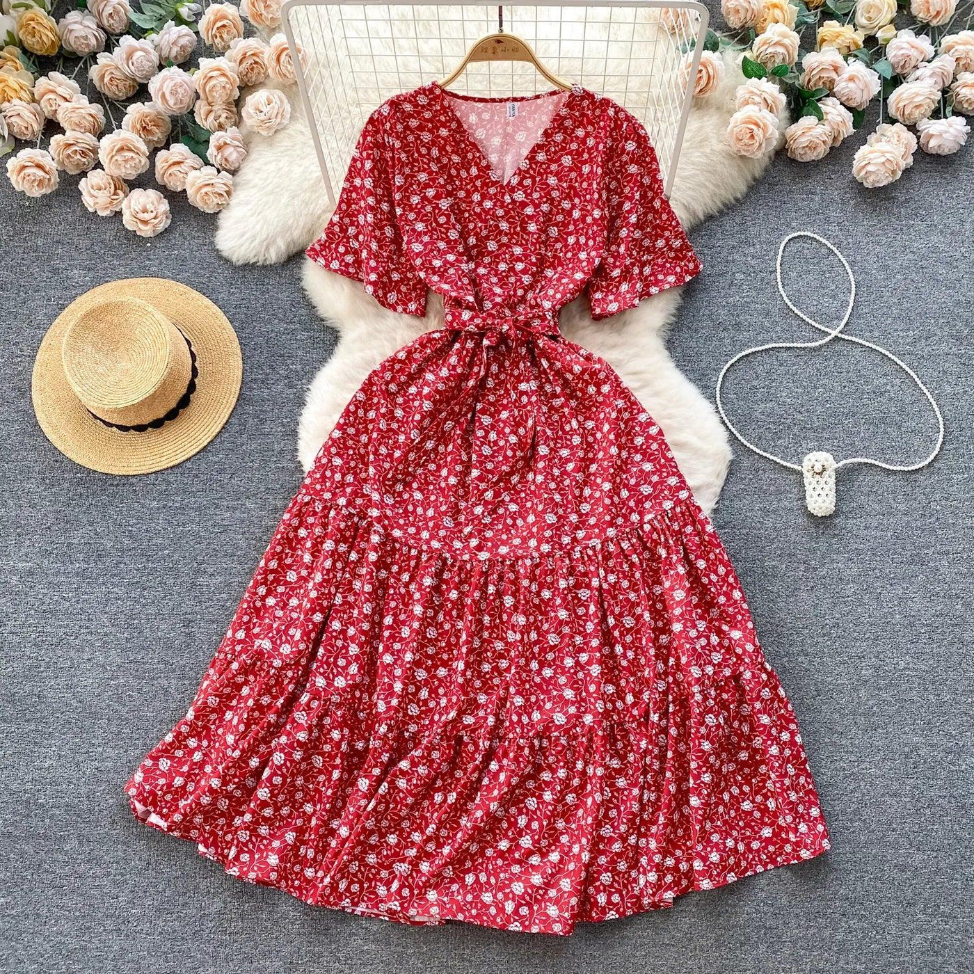 French Chic Dress Beach Style Floral Print Dresses Female V-Neck New Summer Ruffles A-Line Vestidos Women Clothes