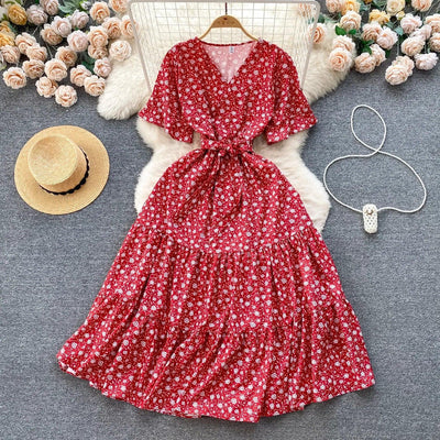 French Chic Dress Beach Style Floral Print Dresses Female V-Neck New Summer Ruffles A-Line Vestidos Women Clothes
