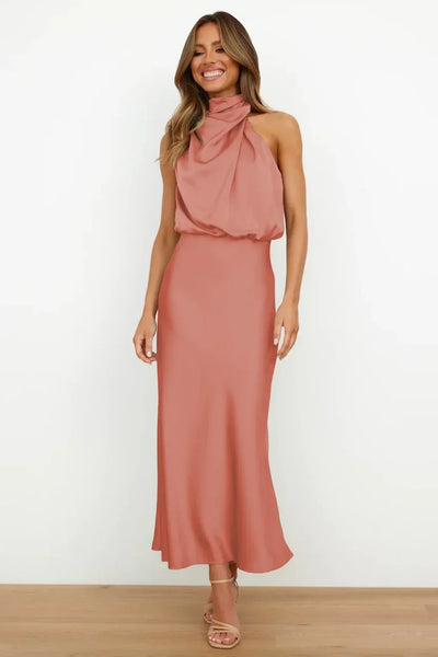 2025 Spring/Summer Long Dress for Women High Waist Halter Satin Sleeveless Dress Fashion Elegant Solid Evening Party Dresses