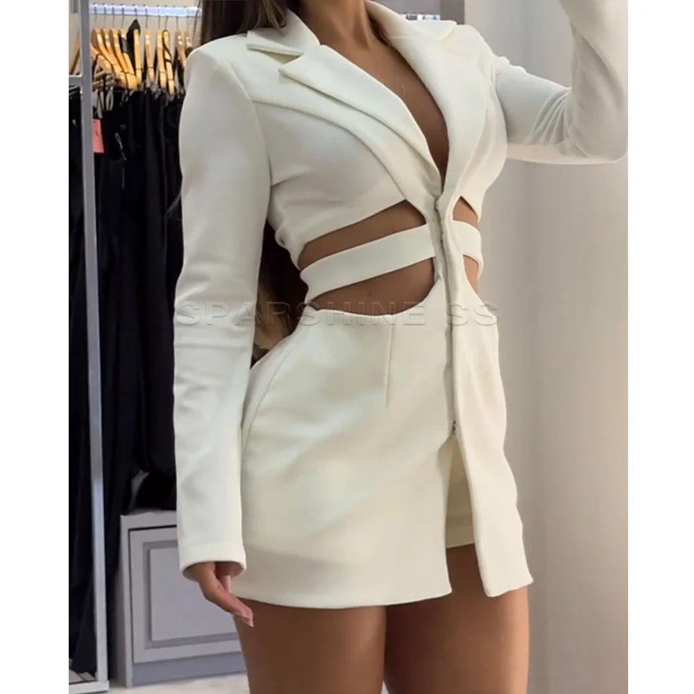 Women's Two Piece Set Summer Sexy Fashion Solid Color Long Sleeve Hollow Out Lapel Shirt Skirt Top Shorts Sets Streetwear