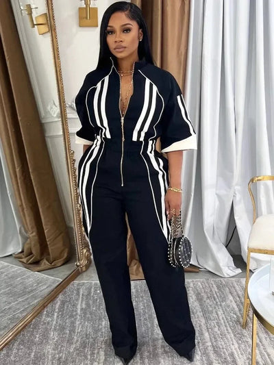 Women Jumpsuits For Spring 3/4 Sleeve Print Stripe Loose Fashion Streetwear Overalls Wide Leg Pants Trousers 2025 Summer