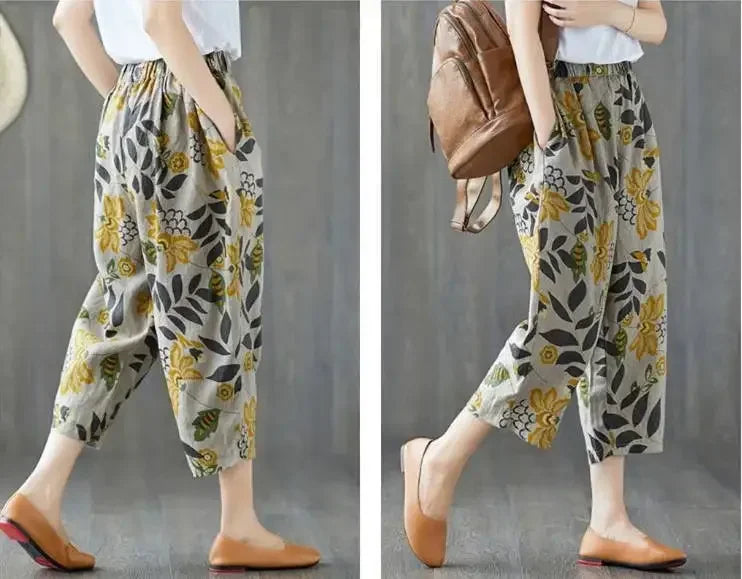 Casual Wide Leg Pants Women Summer Harem Pants for Women Retro Fashion Print Loose Cotton Linen Pants Printed Ankle-Length Pants