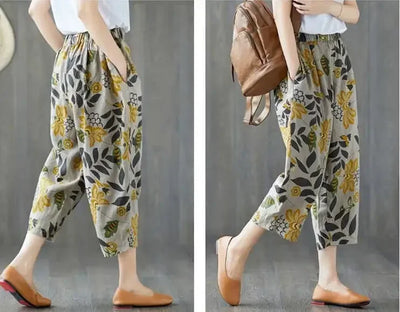 Casual Wide Leg Pants Women Summer Harem Pants for Women Retro Fashion Print Loose Cotton Linen Pants Printed Ankle-Length Pants