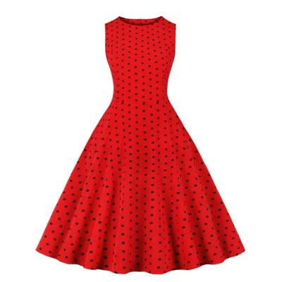 2025 New Women Party Dress Dot Print Sleeveless A Line 50s Evening Gowns Red A-line Tight Waist Prom Banquet Summer Midi Dress - Elanique