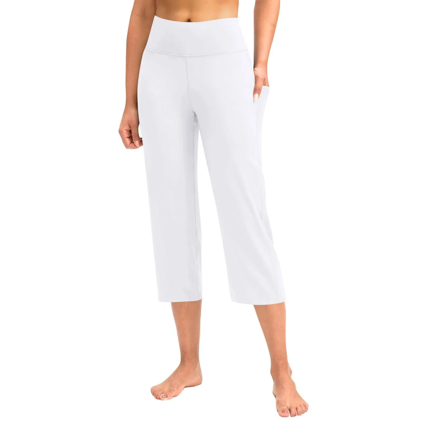 Women  Elastic High Waist 3/4 Pant Casual Active  Fit Wide Capris Leg Pants Trousers With Pockets Pants Woman брюки женские