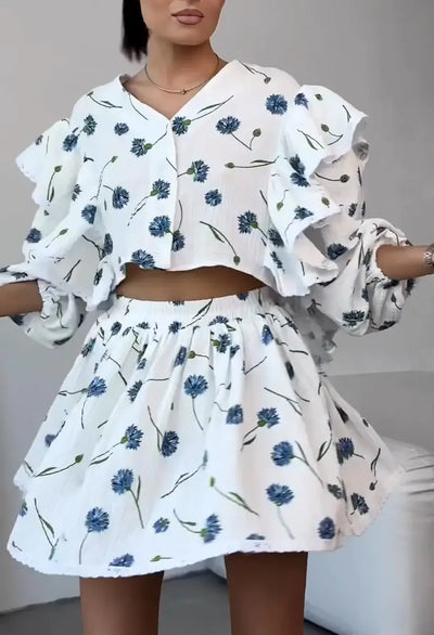 Women Cotton Linen Print Loose Suit Women Lantern Sleeve Ruffles V-neck Patchwork Single-Breasted Top High Waist Mini Skirt Suit