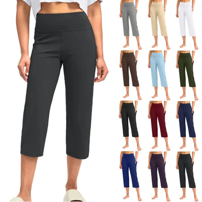 Women  Elastic High Waist 3/4 Pant Casual Active  Fit Wide Capris Leg Pants Trousers With Pockets Pants Woman брюки женские