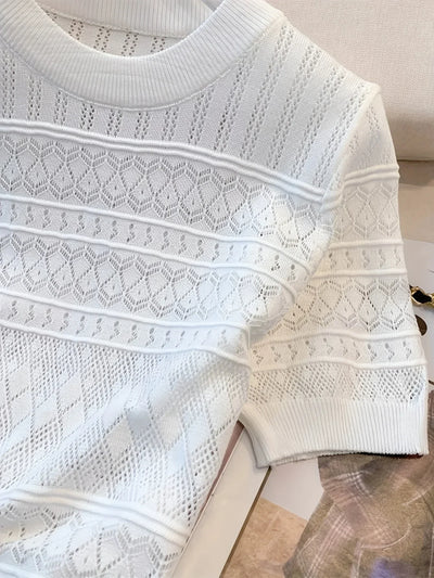 Women's T-Shirts Summer Thin Hollow Out Crew Neck Pullover Sweater Versatile Short Sleeve Knitted Top Women's Clothing