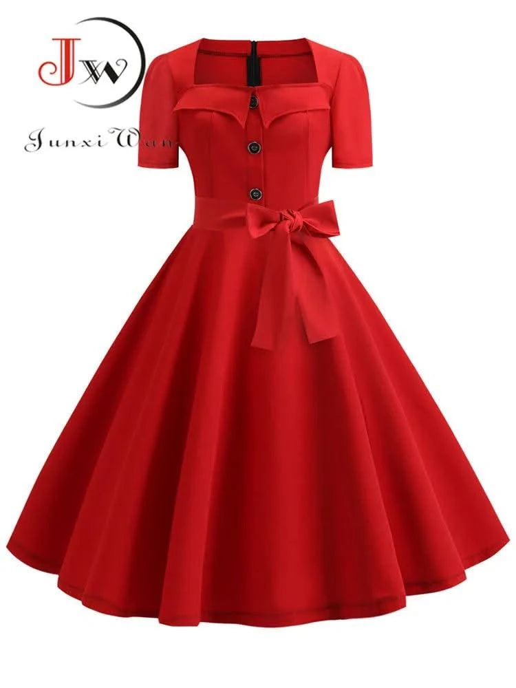 Women Summer Dress Elegant Retro Vintage 50s 60s Robe Rockabilly Swing Pinup Dresses Casual Red Party Vestidos