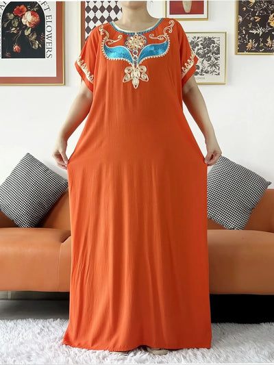 New Dubai Lady Party Summer Solid Cotton Dress with Scarfs African Dashiki Women Maxi Cotton Embroider Loose Vestidos