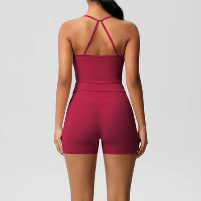 2PCS Sportswear With Pocketed Yoga Set Gym Clothes Yoga Suits For Women Tracksuits Sports Shorts Crossover Bra Gym Leggings