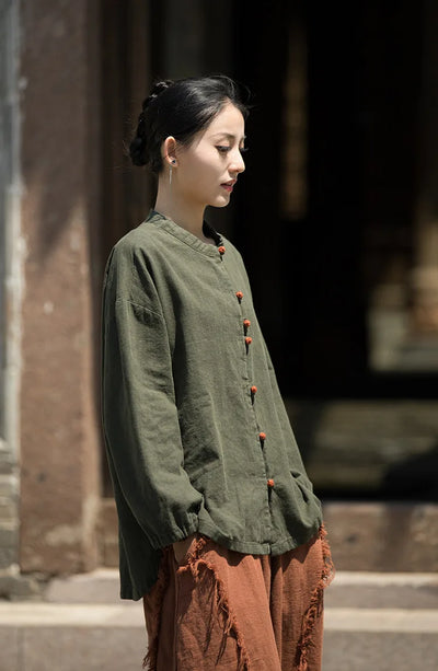 Cotton Linen Women's Literary Vintage Ramie Tops Shirt Women's Patchwork Colour Plate Button Lapel Cardigan Jacket Chinese Style