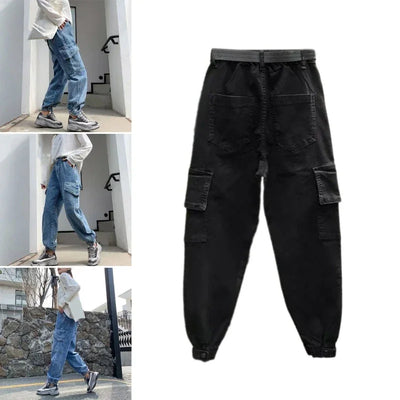 Women Jeans Jogger Pant Elastic Waist Solid Denims Trousers with Flap Pocekts