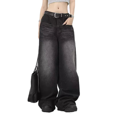 Oversized Retro Black Jeans Wide Leg Pants For Women Chic Y2K Low Waist Baggy Jeans Trouser Mens Barrel Jeans Streetwear