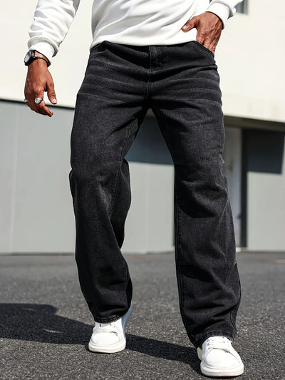 Men's Classic Straight-Leg Jeans - Cotton Blend, Dark Blue Denim, Non-Stretch, All-Season Wear, Comfort Fit with Slant Pockets