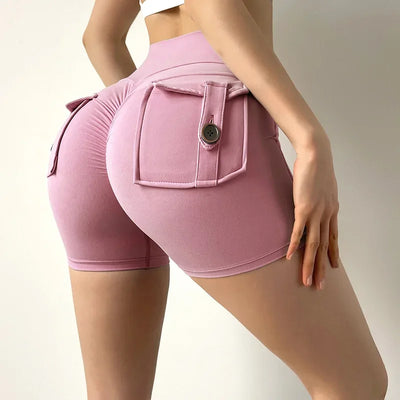 Shorts Women Solid Yoga Pants Pocket Button Short Pant Slim Fit Trousers Wrap Hip Splice Sporty High Waist Lady Summer