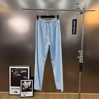 VGH Chic Spliced Metal Buckles Two Piece Set for Women Lapel Long Sleeve Top High Waist Patchwork Drawstring Pants Suit Female